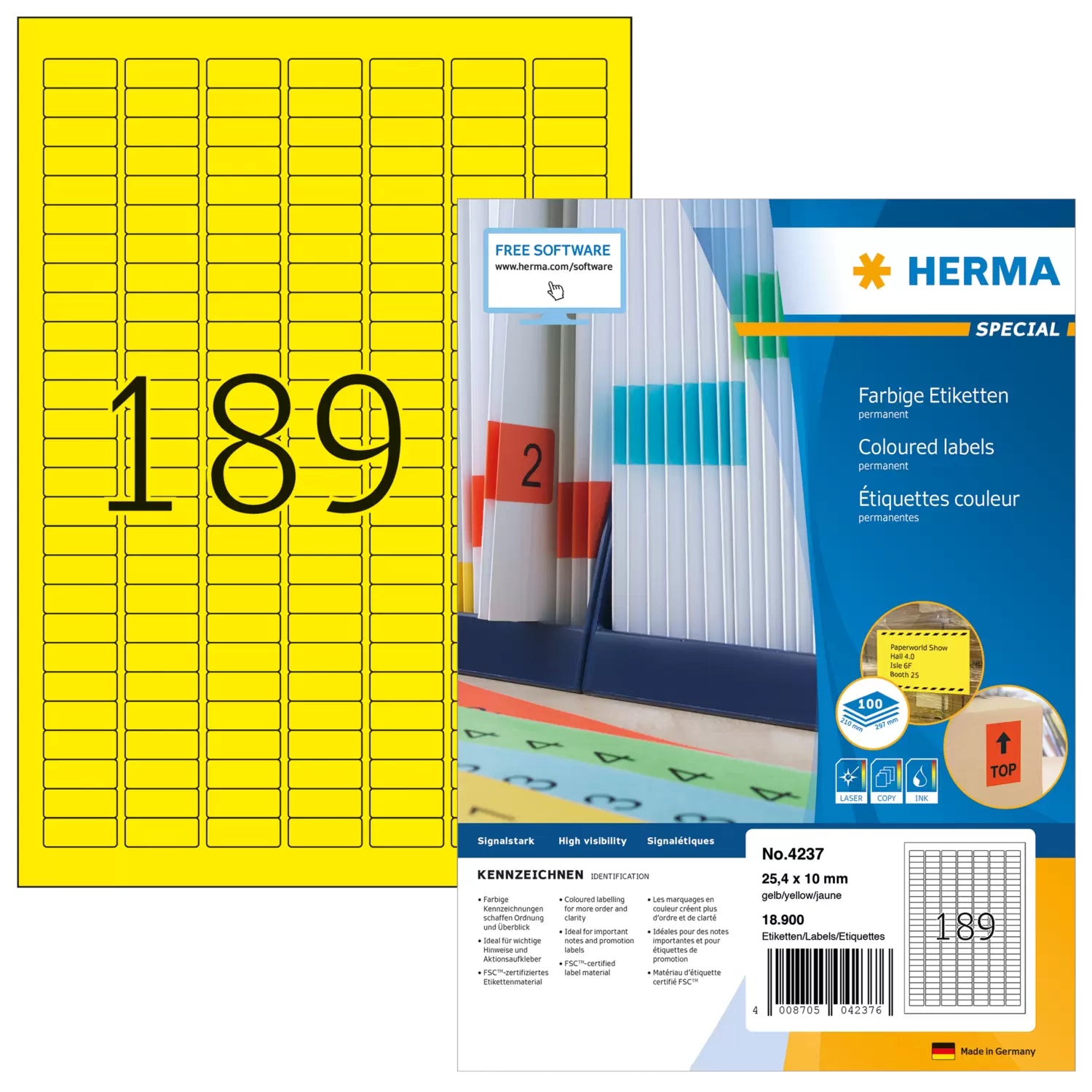 HERMA 4237 – Etiketten A4 25 × 10 mm – Papier, gelb – permanent haftend – 189 pro Blatt, 100 Blätter