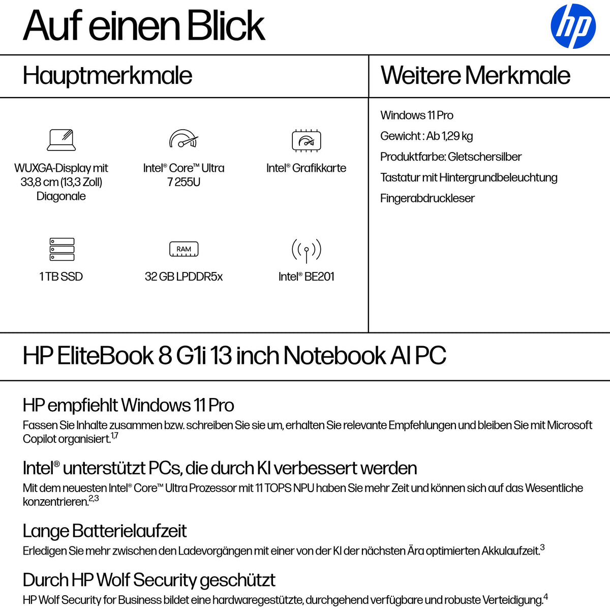 HP EliteBook 8 G1 – 13,3" WUXGA, Core Ultra 7 255U, 32 GB, 1 TB SSD, 5G, Win 11 Pro