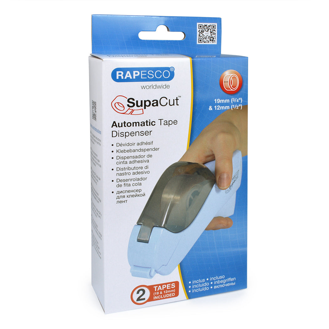 Rapesco Handabroller SupaCut – für Klebeband bis 19 mm × 20 m, inkl. 2 Rollen 19 mm × 20 m und 12 mm × 20 m