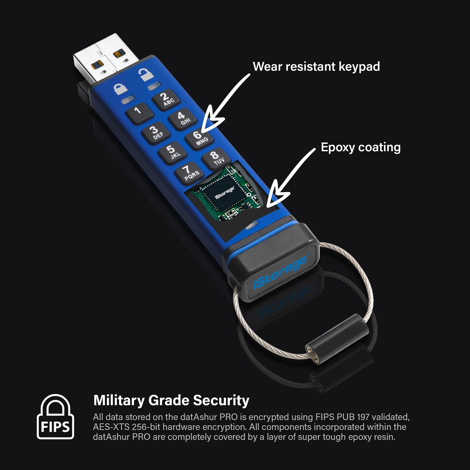 iStorage datAshur Pro USB3 – 8 GB, USB-A 3.2 Gen 1, 256-Bit AES-XTS, FIPS 140-2 Level 3, IP57