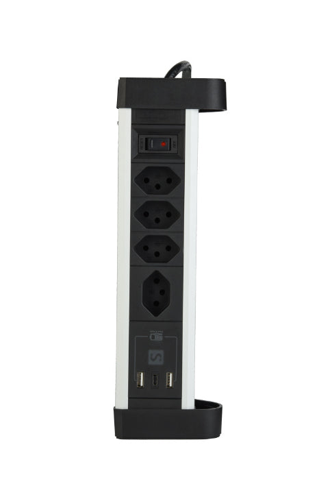 M. Schönenberger 85.860.4AL Tischsteckdosenleiste, 4×T13, 1×USB-A + 1×USB-C, mit Schalter – Silber/Schwarz