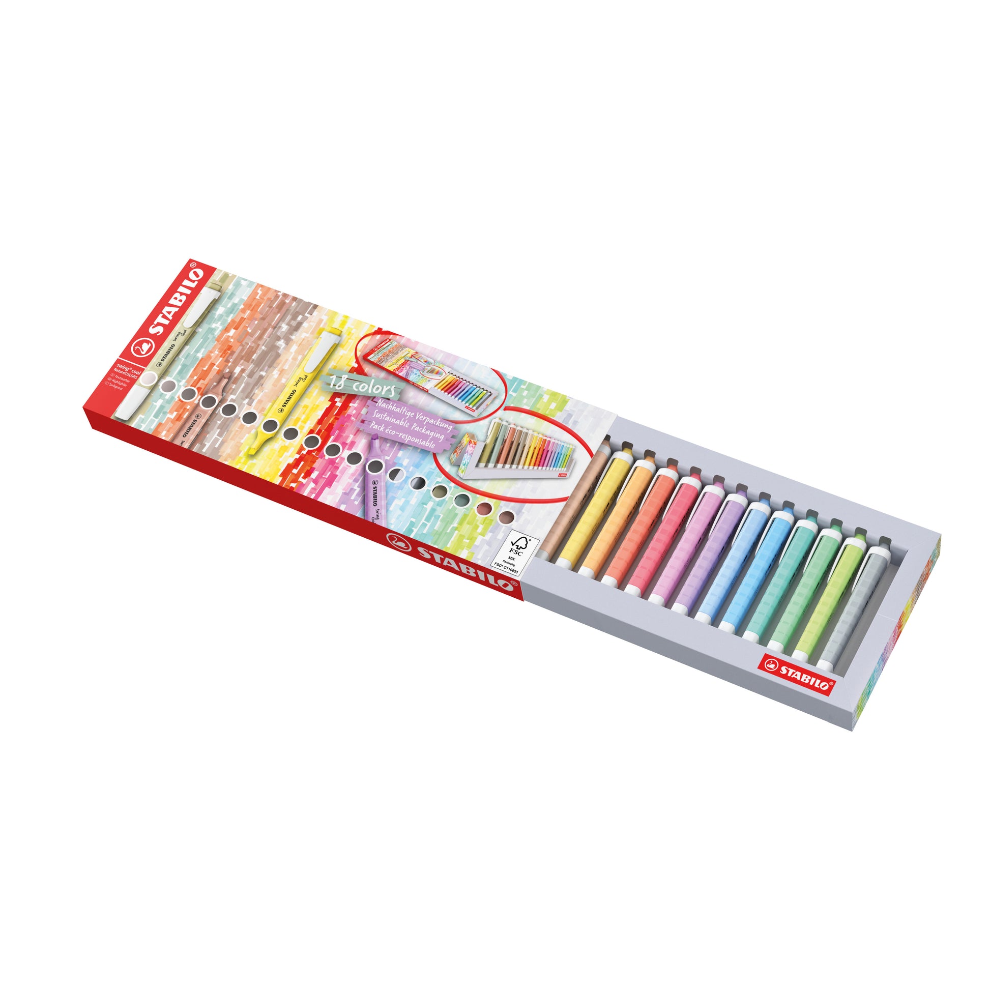STABILO swing cool Textmarker Desktop Set 18 Farben – Keilspitze, 1–4 mm