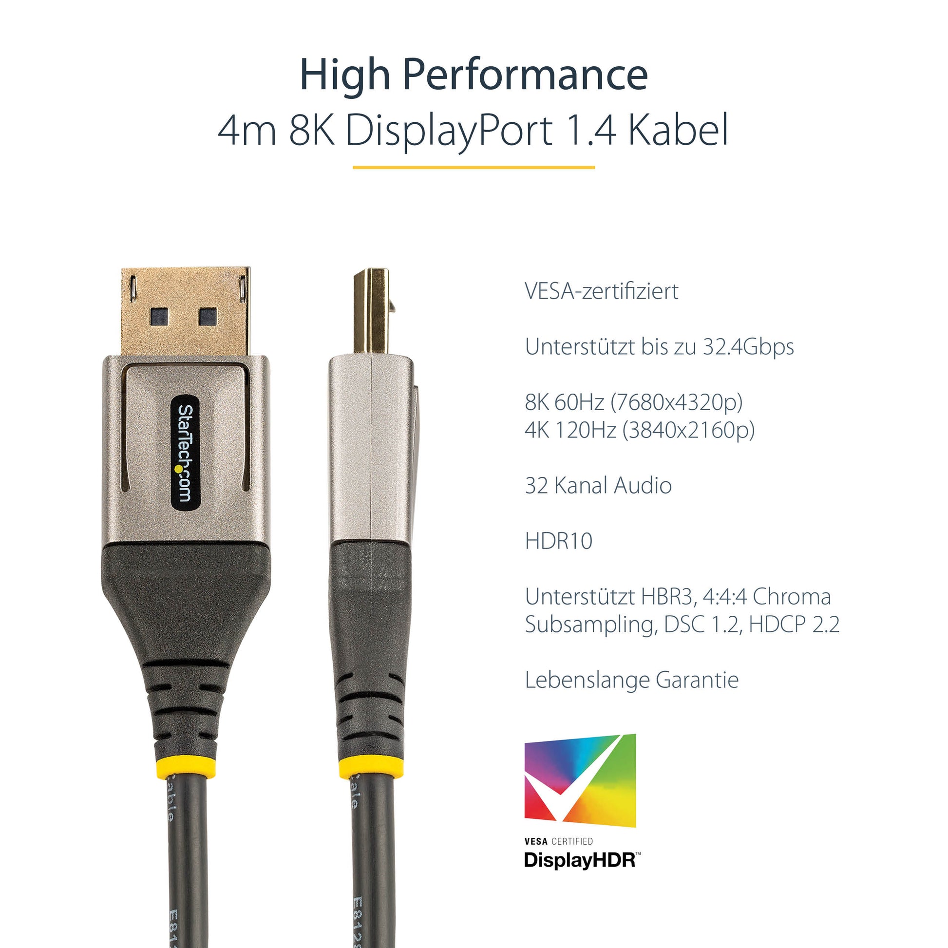 StarTech.com DisplayPort Kabel DP 1.4 8K 60 Hz – 4 m – HDR, verriegelbar – Grau/Schwarz – für Monitore/Display