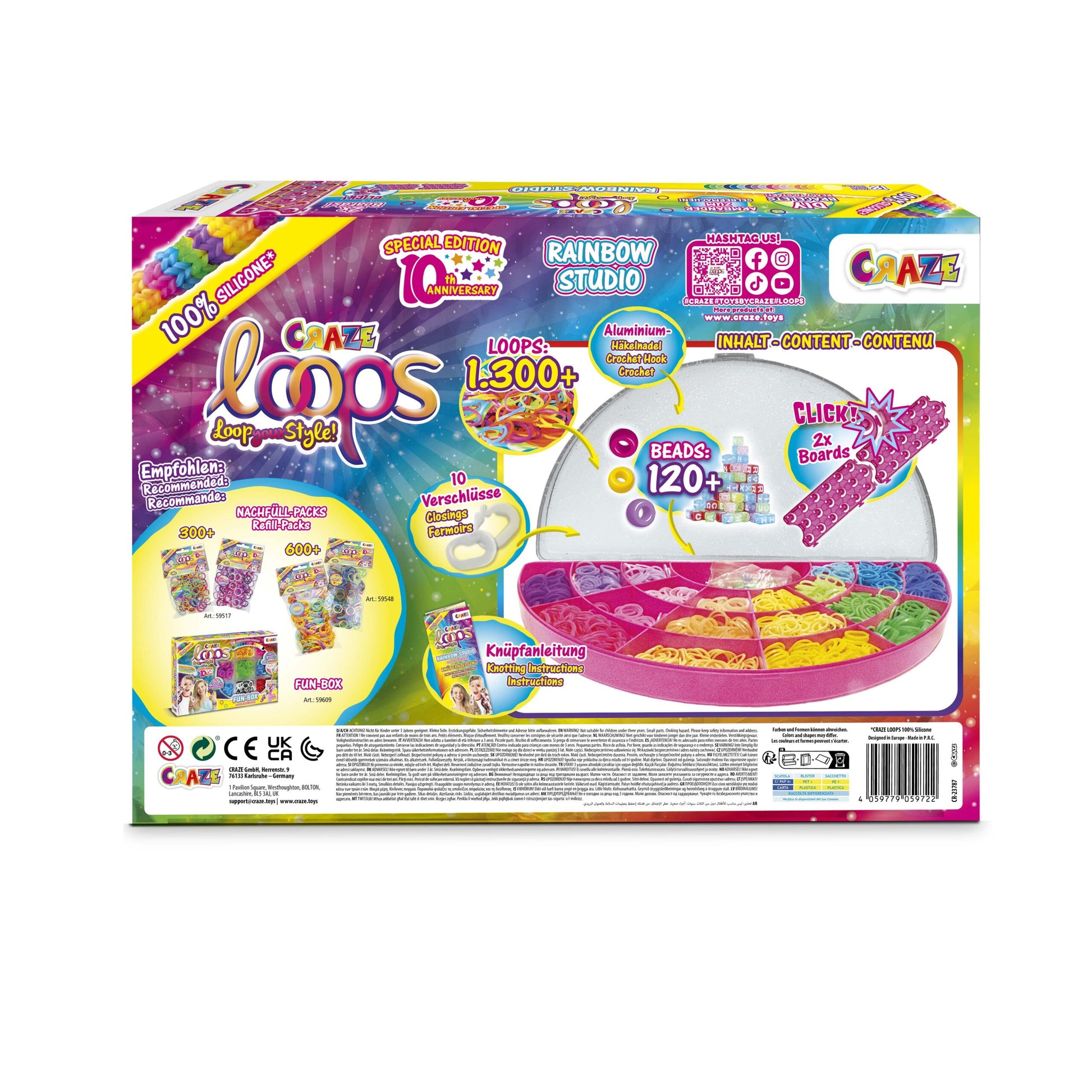 CRAZE Loops Rainbow Studio – Bastelset – 1300 Loops – ab 3 Jahren – Silikon, Mehrfarbig