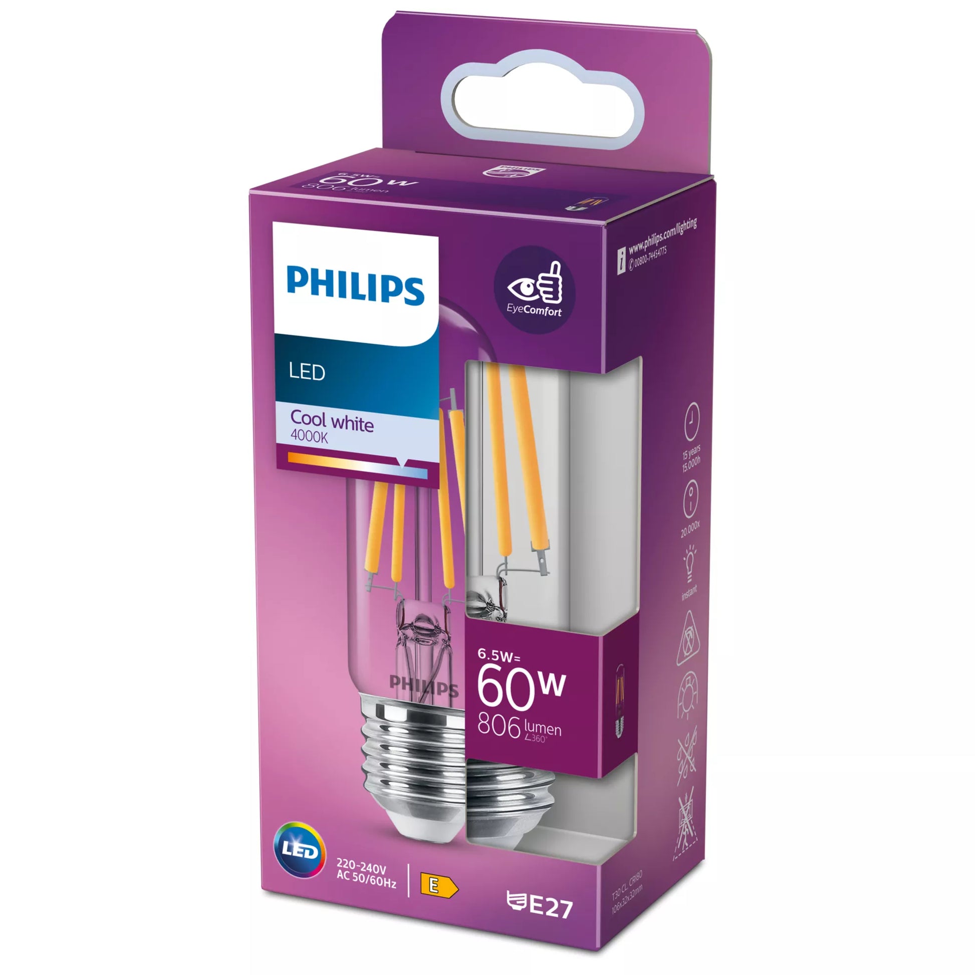 Philips by Signify Philips LED-Leuchtmittel E27 T30 – Kaltweiss 4000 K, 806 lm, 6,5 W – 1 Stk., Transparent, Glas