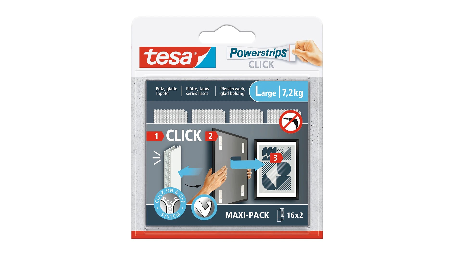 TESA Powerstrips Click Klettband – 20 mm × 0,085 m, weiss, wiederverwendbar, für den Innenbereich, 32 Stück