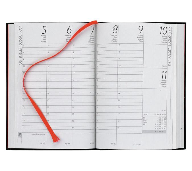 Biella LONGATTI Agenda – 1 Woche/2 Seiten, Gebunden, 10,4 × 14,8 cm, 2026, Mehrsprachig, Schwarz