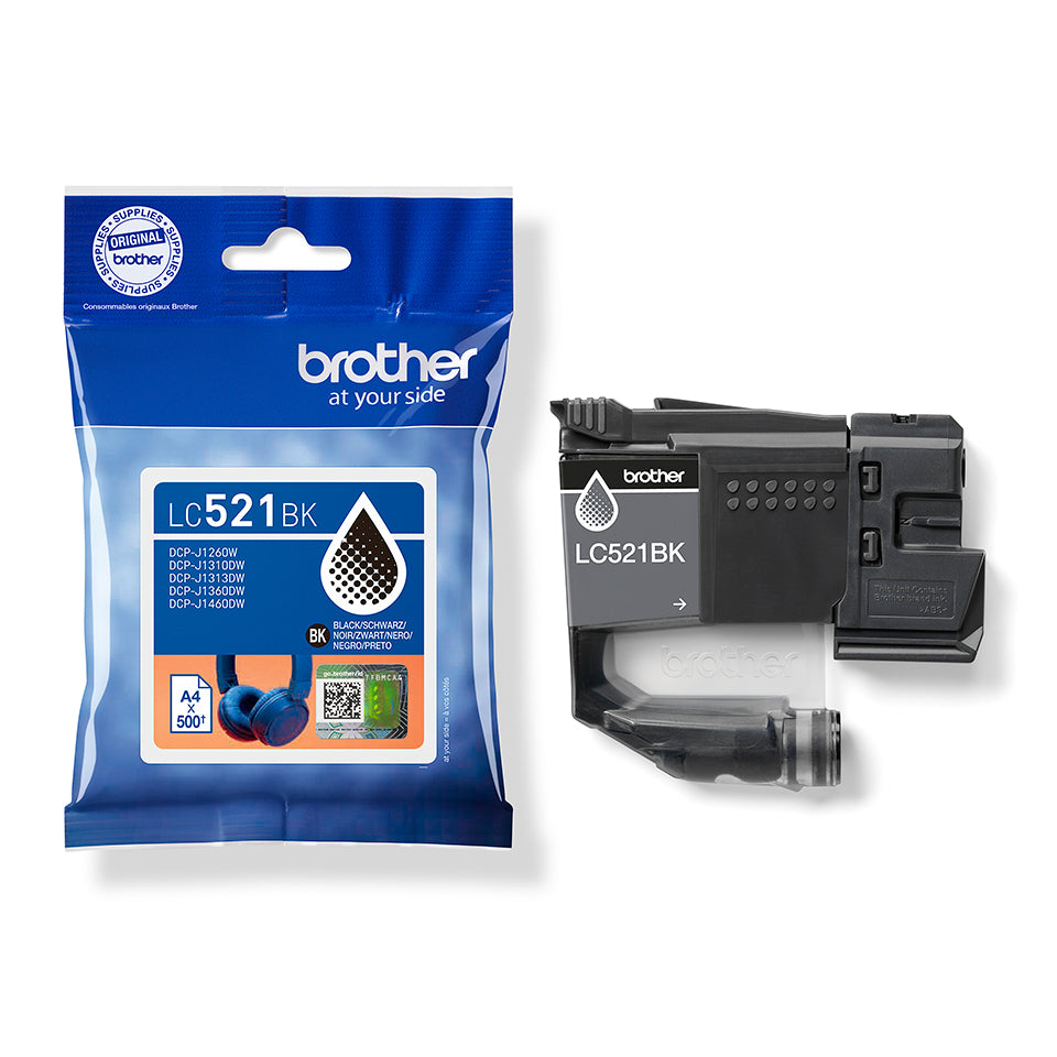 Brother LC521BK Schwarz Tintenpatrone (Original) – 500 Seiten – für DCP-J1260W, DCP-J1310DW/1313DW …
