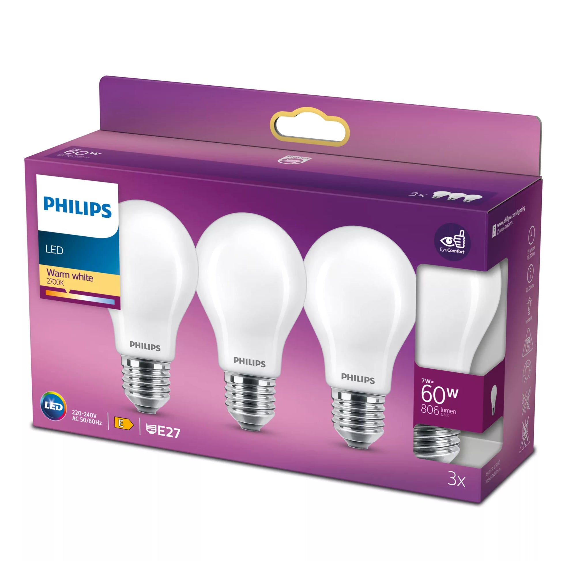 Philips by Signify Philips LED-Leuchtmittel E27 A60 – Warmweiss 2700 K, 806 lm, 7 W – 3 Stk. – Weiss, Glas