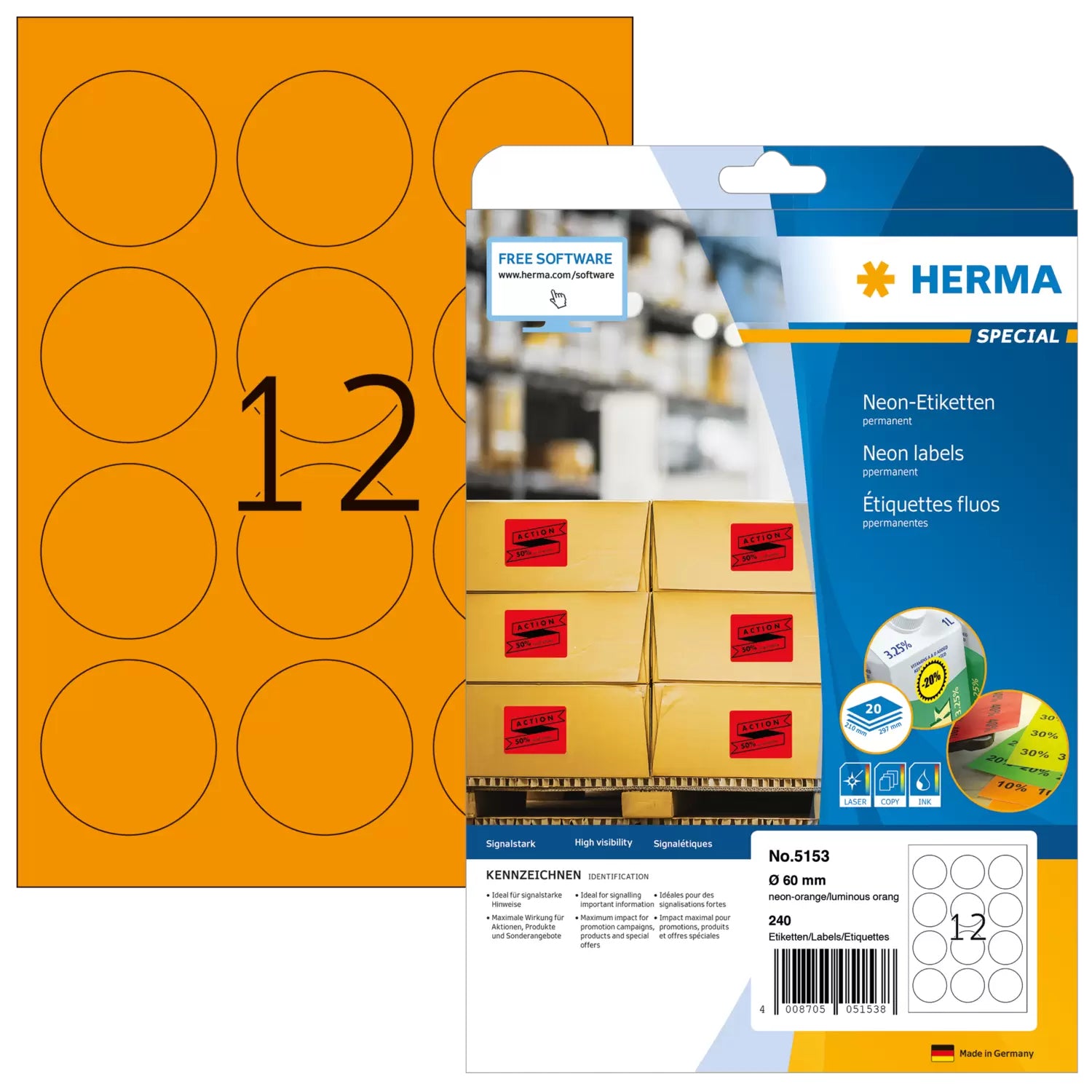 HERMA Etiketten, Ø 60 mm, neonorange, Papier, permanent, 240 Etiketten