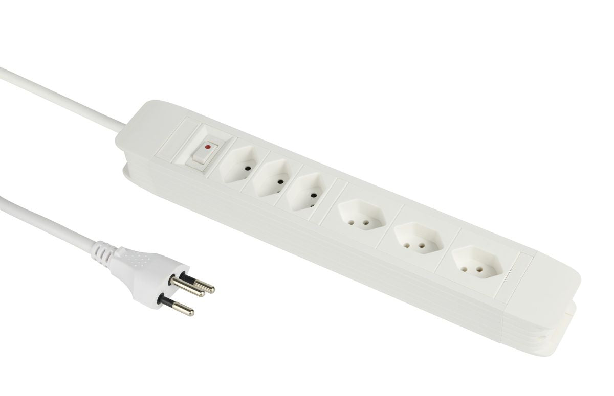 M. Schönenberger Schönenberger PRINCIPIO Steckdosenleiste, 6×T13, mit beleuchtetem Schalter, 5 m, Eingang T12, IP20 – weiss