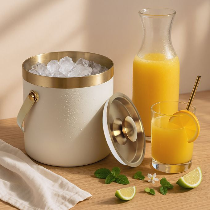 Relaxdays Eiswürfelbehälter – Ø 15 × 17 cm, 1,5 l, Edelstahl, Weiss, inkl. Deckel, Griffe, 100 Eiswürfel