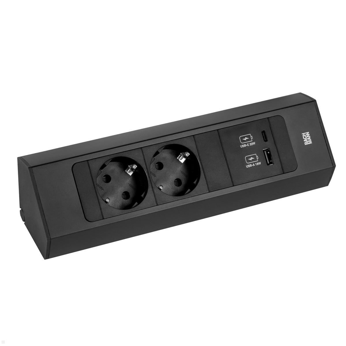 Bachmann CASIA 2 Steckdoseneinheit – 2×Schuko (Typ E/F), USB‑A/USB‑C 22 W, Tisch/Wand, 2,0 m