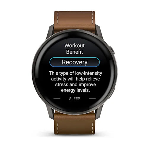 Garmin Venu 4 45 mm GPS – Edelstahl Schwarz, Braunes Lederarmband, 50 m, für iPhone
