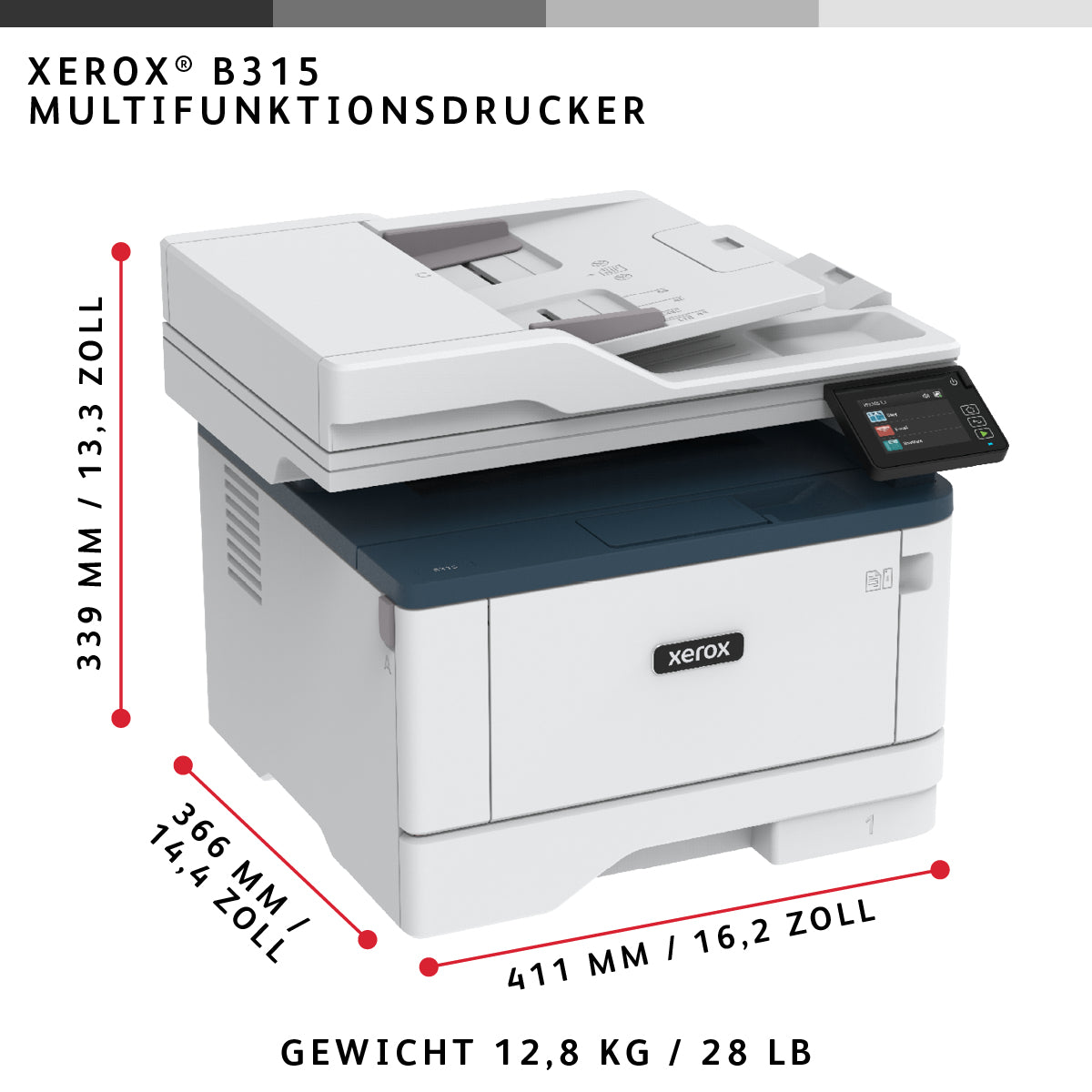 Xerox B315 – SW Laser-Multifunktionsdrucker, A4, 4-in-1, Duplex, ADF, WLAN/LAN, AirPrint, Mopria, Touchscreen
