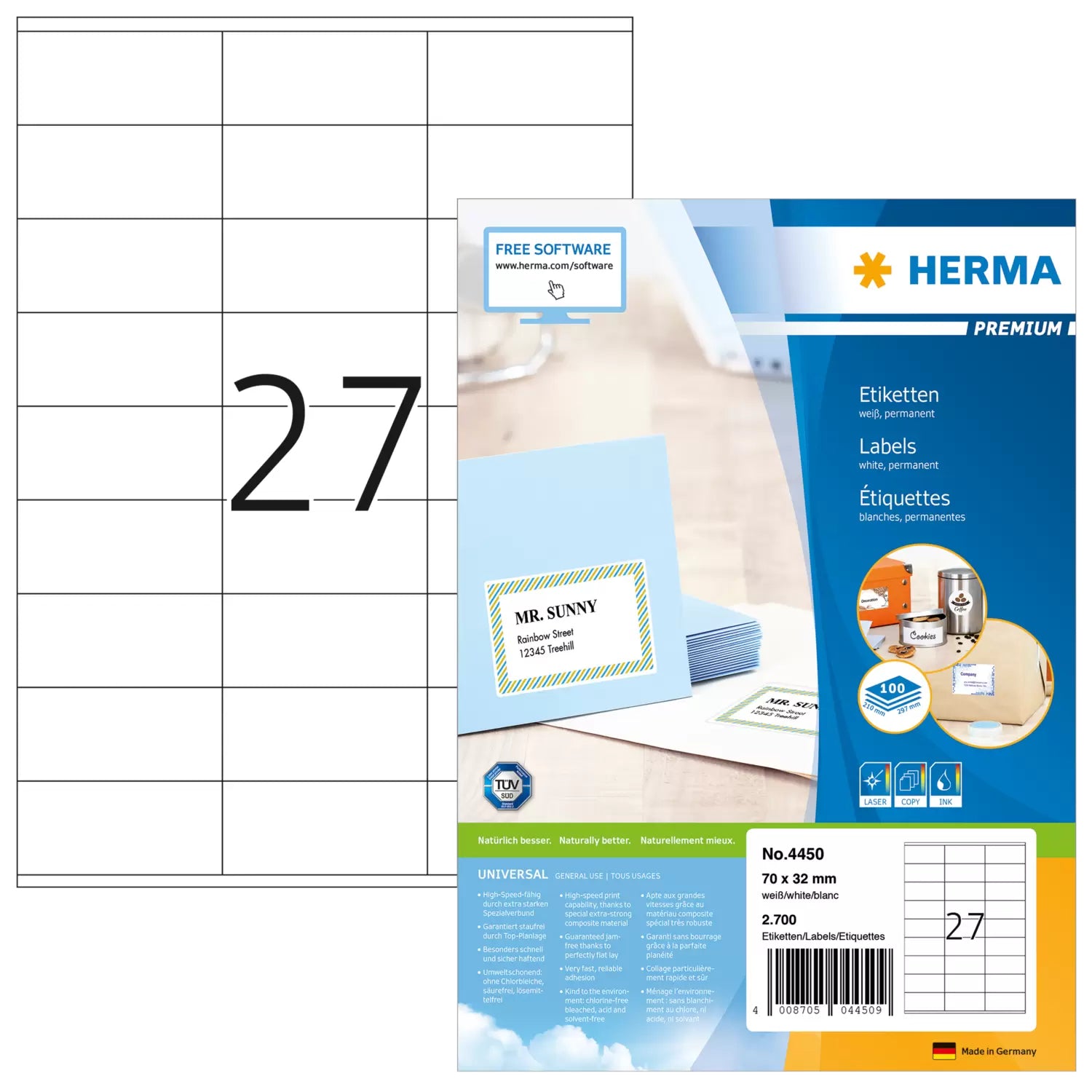 HERMA Drucketiketten, 70 mm × 32 mm, weiss, Papier, permanent, 2700 Etiketten (100 Blatt)