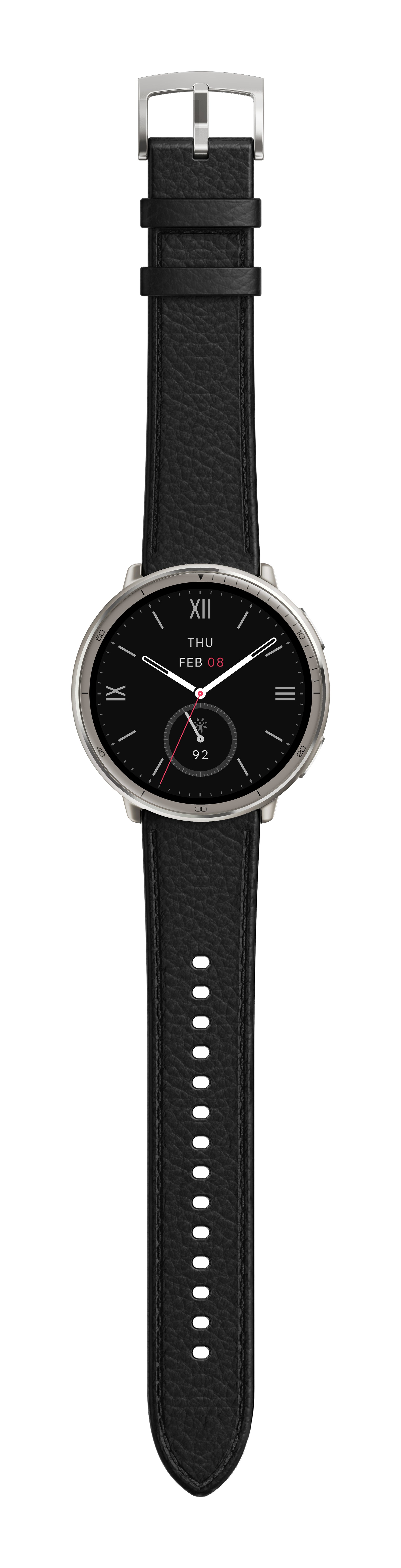 Amazfit Active 2 44 mm GPS – Edelstahl Silber, Lederband Schwarz, 50 m, für iPhone