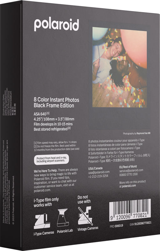 Polaroid Colorfilm i-Type – Farbe, Bild 79 × 79 mm, ISO 640 – für Polaroid i-Type – Schwarzer Rahmen – 8er-Pack