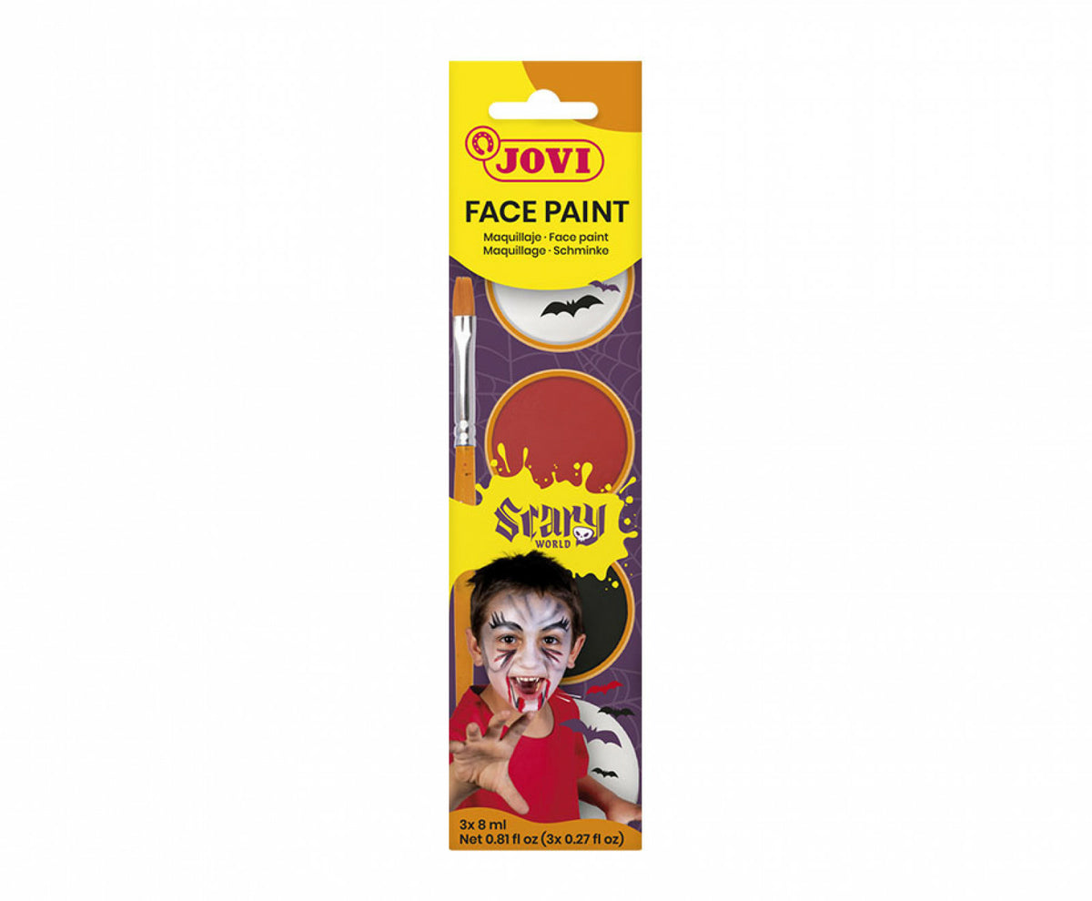 Jovi Gesichtsschminke-Set Scary – 3 × 8 ml – Weiss, Schwarz, Rot – Creme, inkl. Pinsel & Schwamm