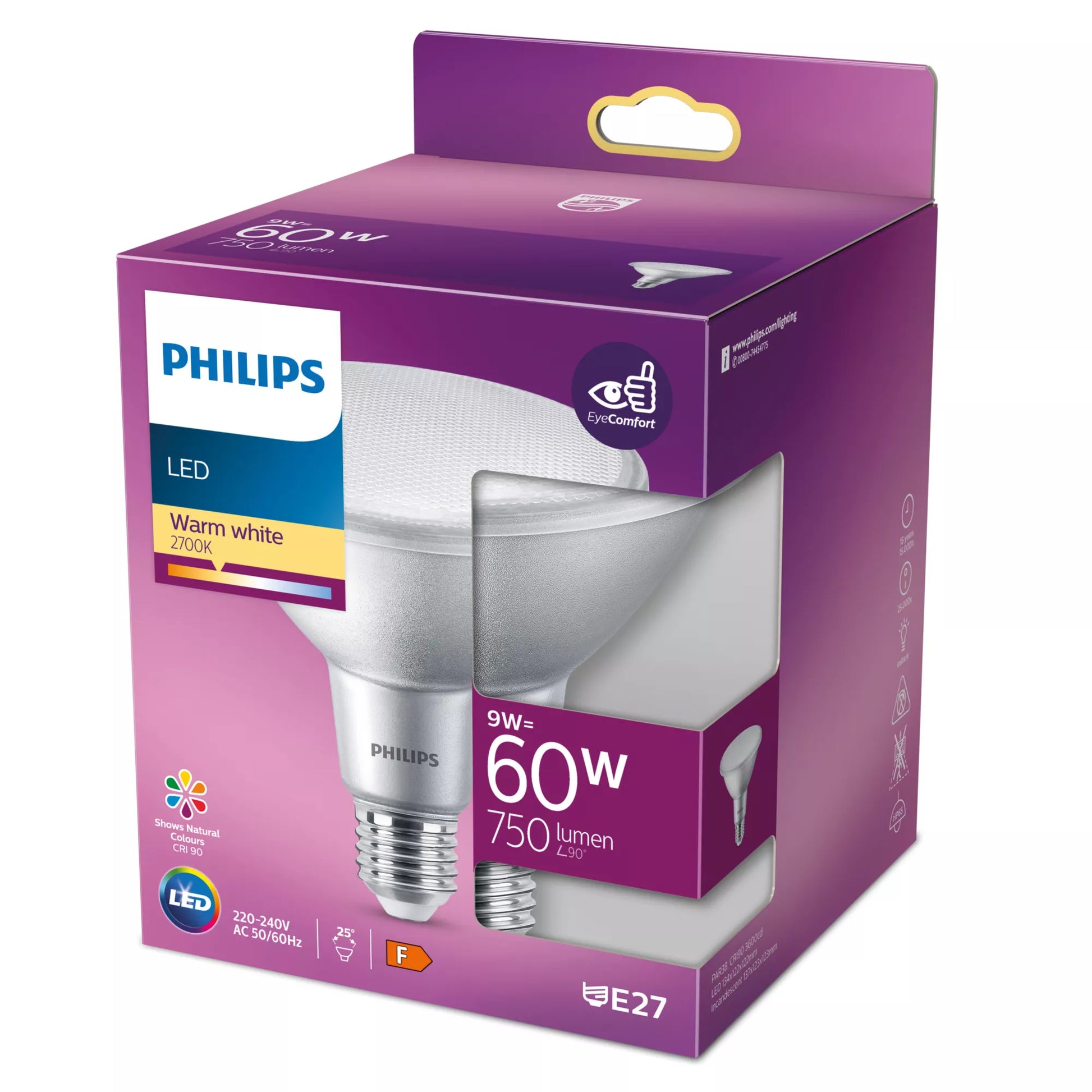 Philips by Signify Philips LED-Reflektor PAR38 E27 – Warmweiss 2700 K, 750 lm, 9 W, 25° – 1 Stk. – Silber