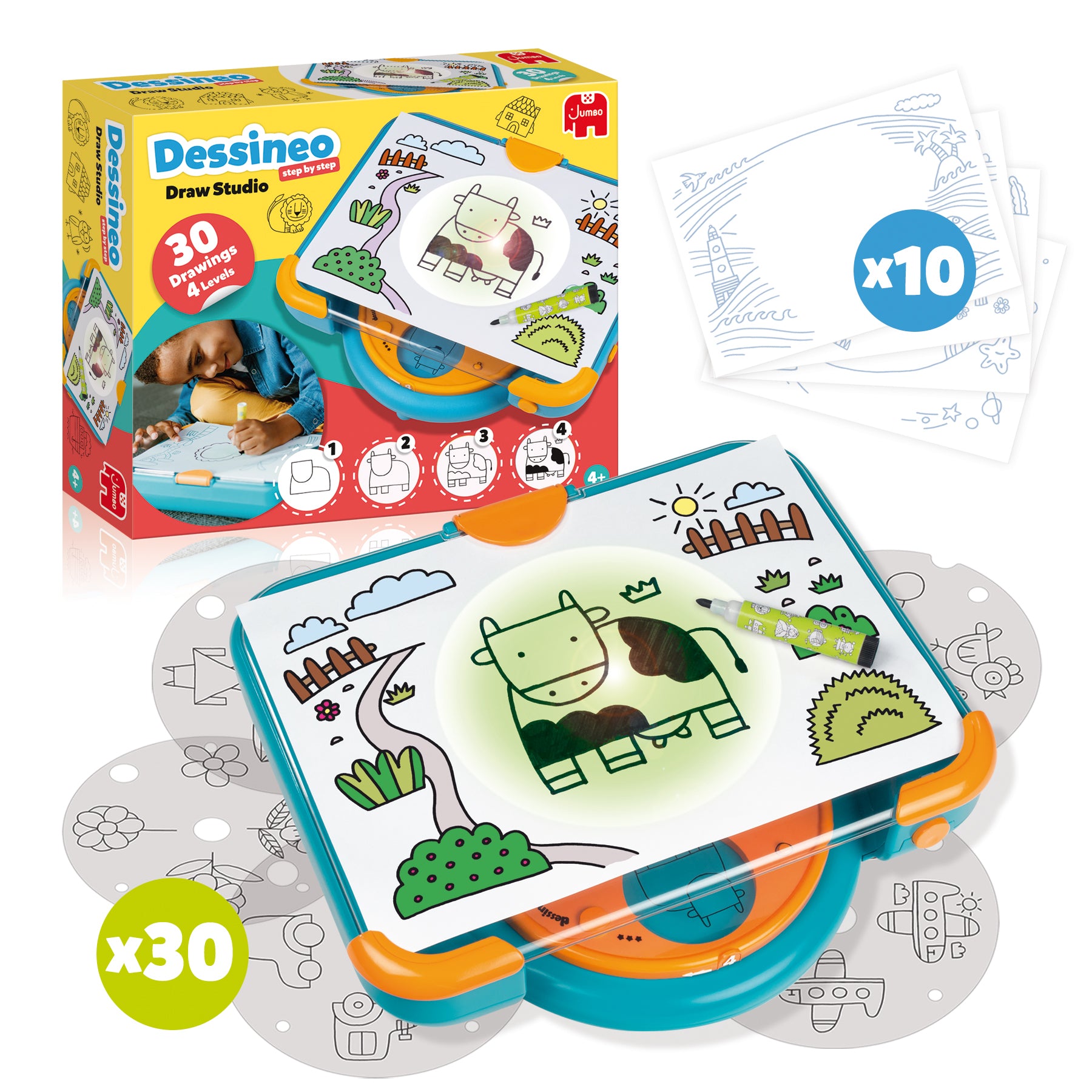 Jumbo Dessineo – Mal-Set für Kinder, sortiert, mit Zeichenplatte, 30 Schablonen, 1 schwarzer Stift