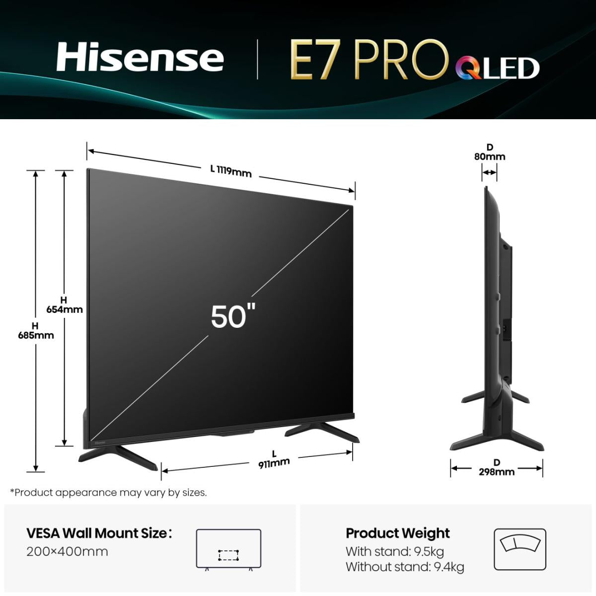 Hisense E7Q PRO 50 – 50" TV – 4K UHD – QLED – VIDAA – 144 Hz – Dolby Vision