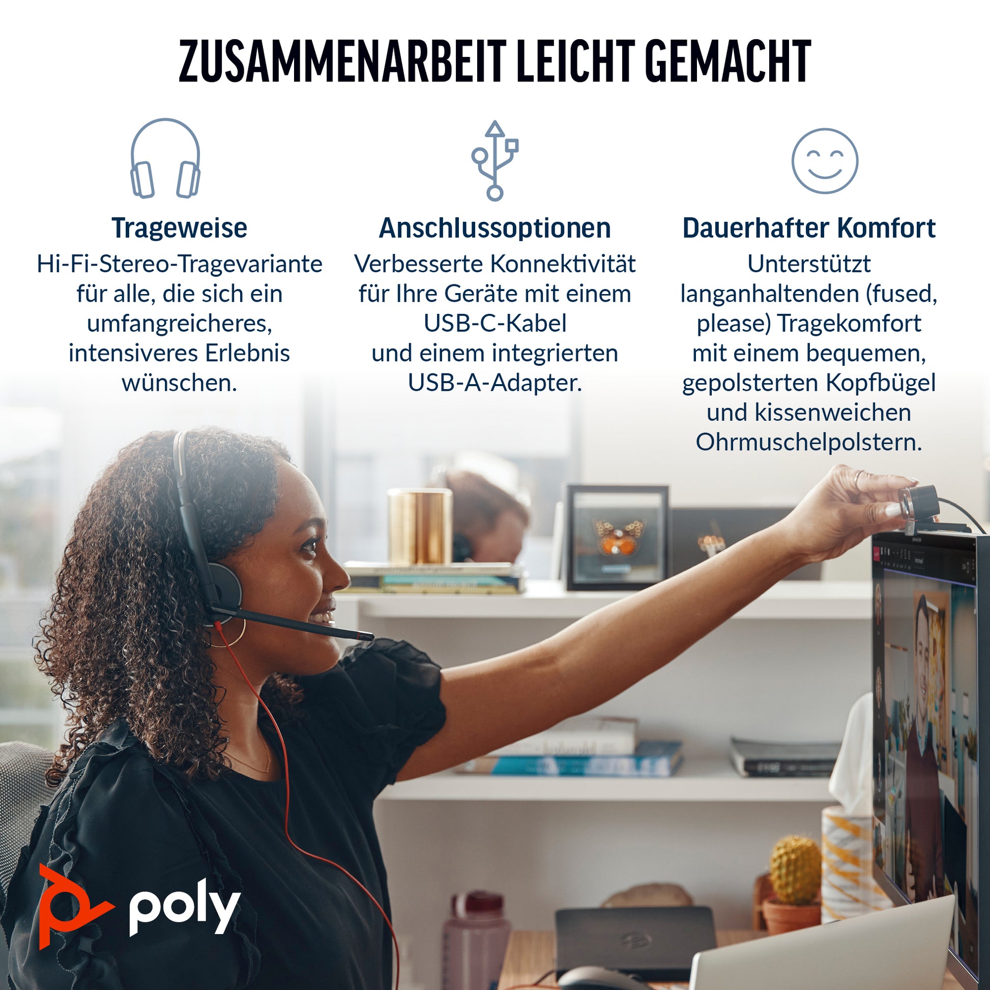 HP Poly Poly Blackwire 3320 Office-Headset – Over-Ear, Stereo, Kabel (USB-C), MS Teams zertifiziert, Schwarz