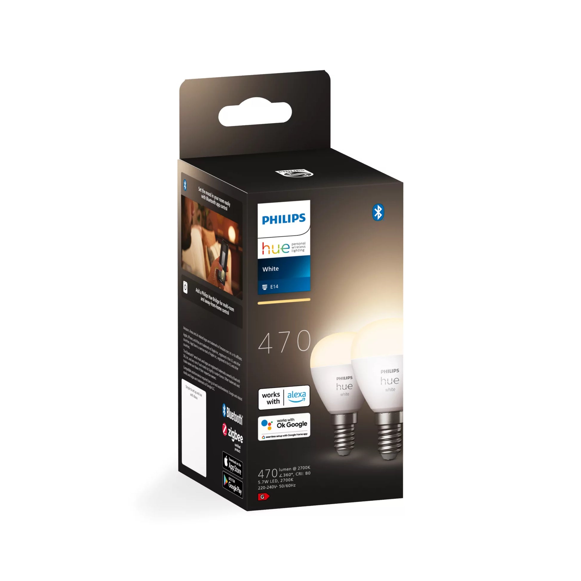 Philips by Signify Philips Hue Smart-Leuchtmittel E14 – Warmweiss 2700 K, 470 lm, 5,7 W, Bluetooth – für Philips Hue – IP20 – 2 Stk.
