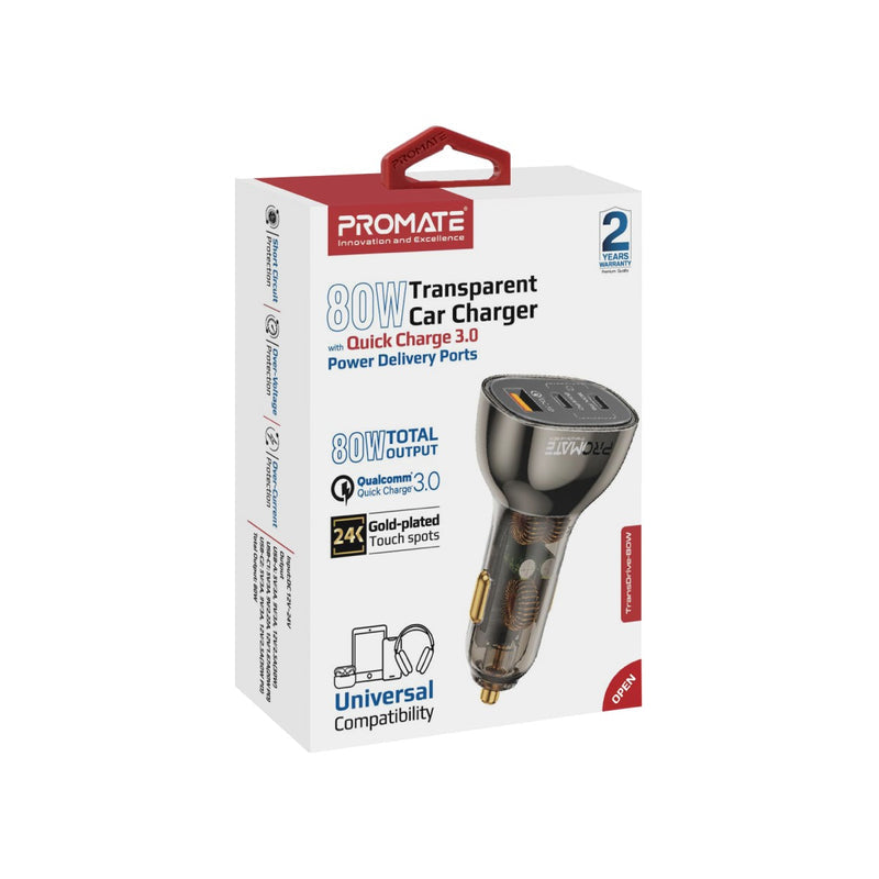 Promate TransDrive-80W Auto-Ladegerät 80 W – USB-C×2, USB-A×1 – PD, QC 3.0 – 12V KFZ-Stecker – Schwarz