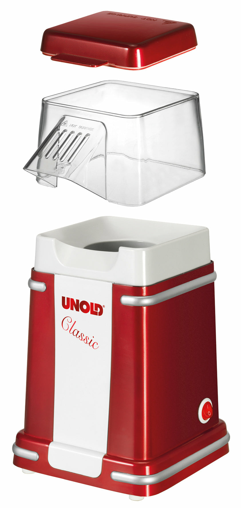 Unold Popcornmaker Classic 48525 – 100 g, 900 W – rot/silber/weiss