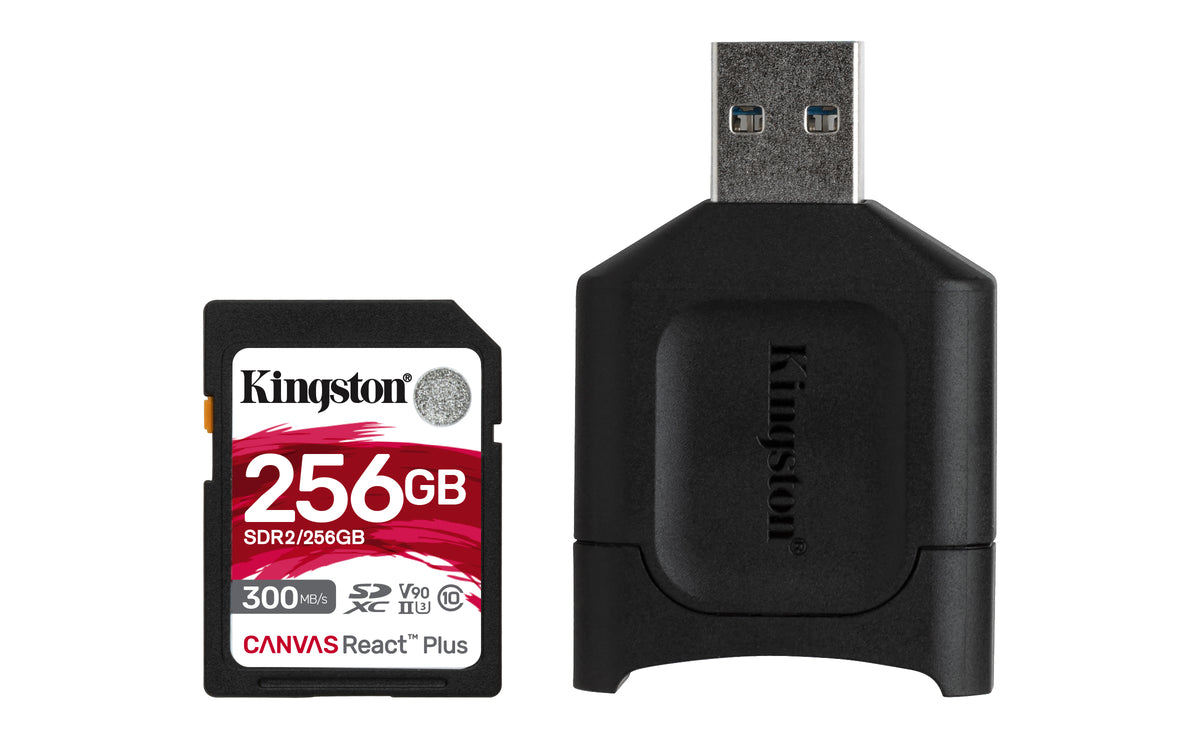 Kingston Technology Kingston Canvas React Plus SDXC 256 GB – UHS-II, Klasse 10, U3, V90, 300/260 MB/s, inkl. USB-Leser
