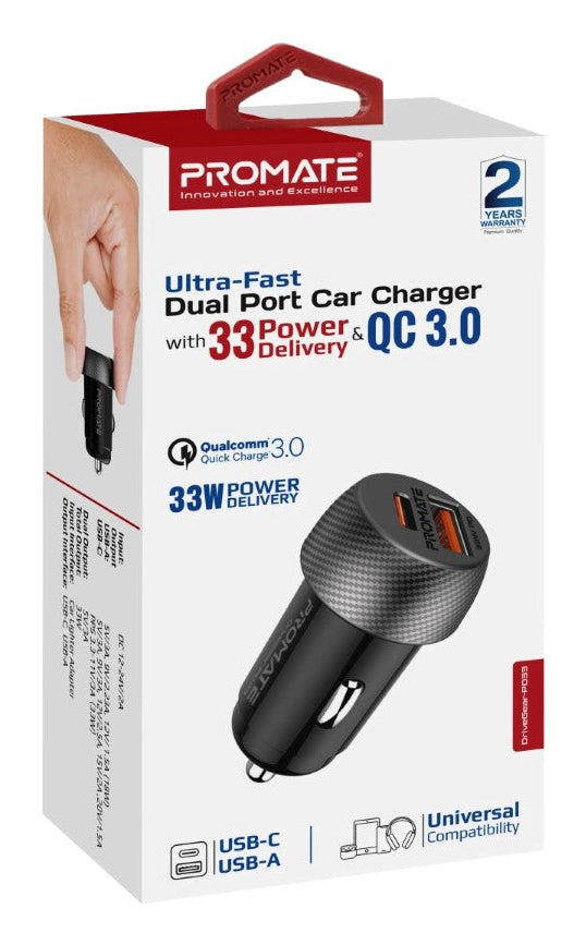 Promate DriveGear PD33 Auto-Ladegerät 33 W – USB-C×1, USB-A×1 – PD