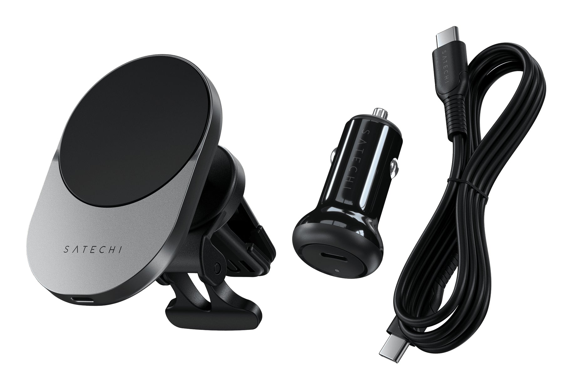 Satechi Kfz-Ladegerät, kabellos, Qi2, 15 W – für Smartphones – Schwarz/Grau
