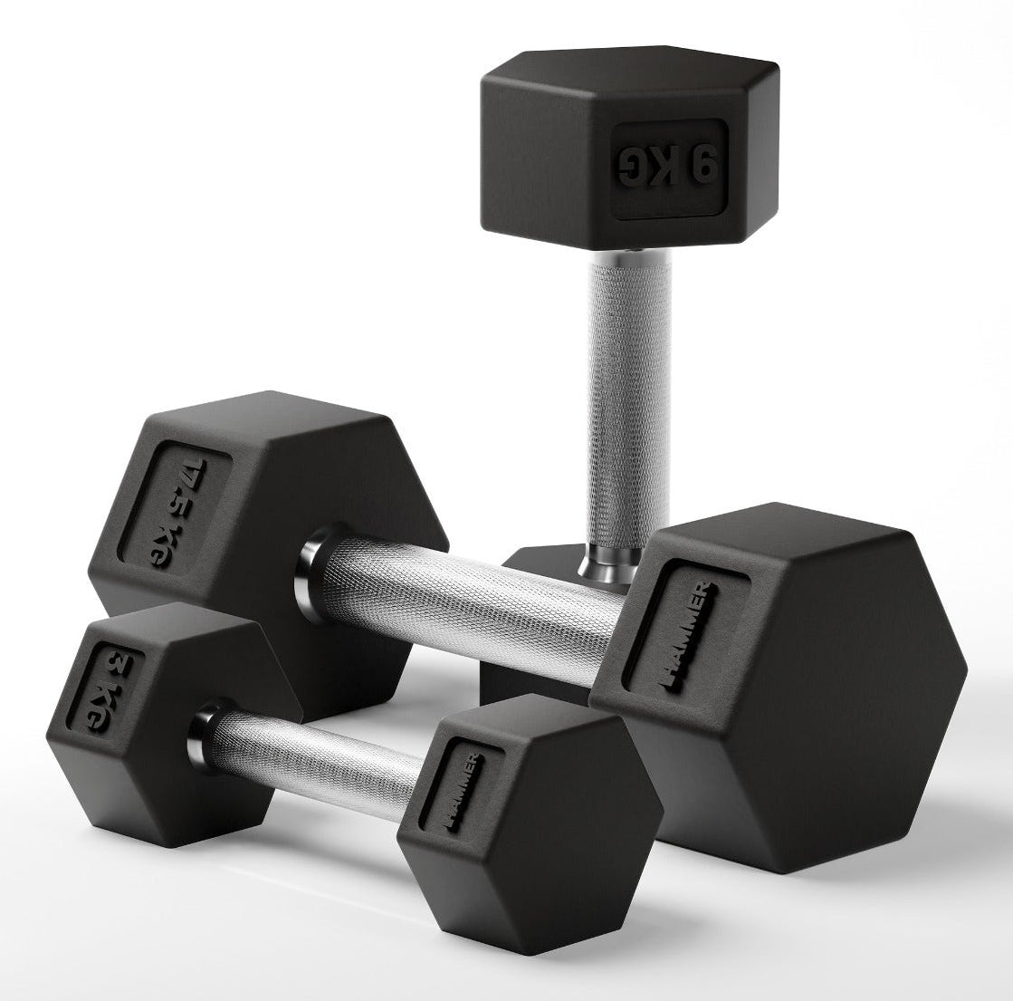 HAMMER Hexagon Kompakthantel PRO Kurzhantel 9 kg – Gusseisen/Gummi – Schwarz/Silber