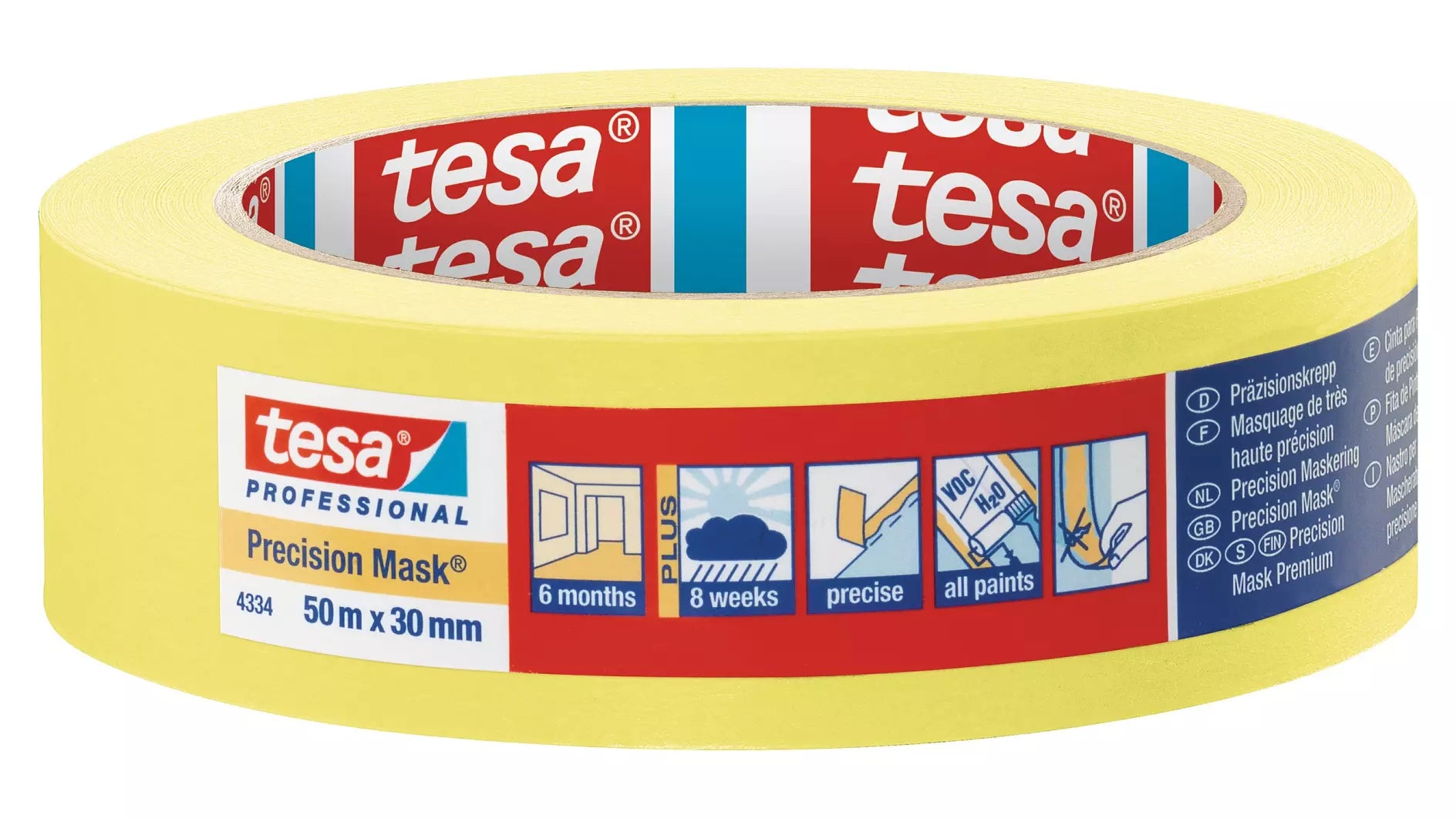 TESA Malerband 4334, gelb – 30 mm × 50 m, innen/aussen, UV-beständig, wetterbeständig
