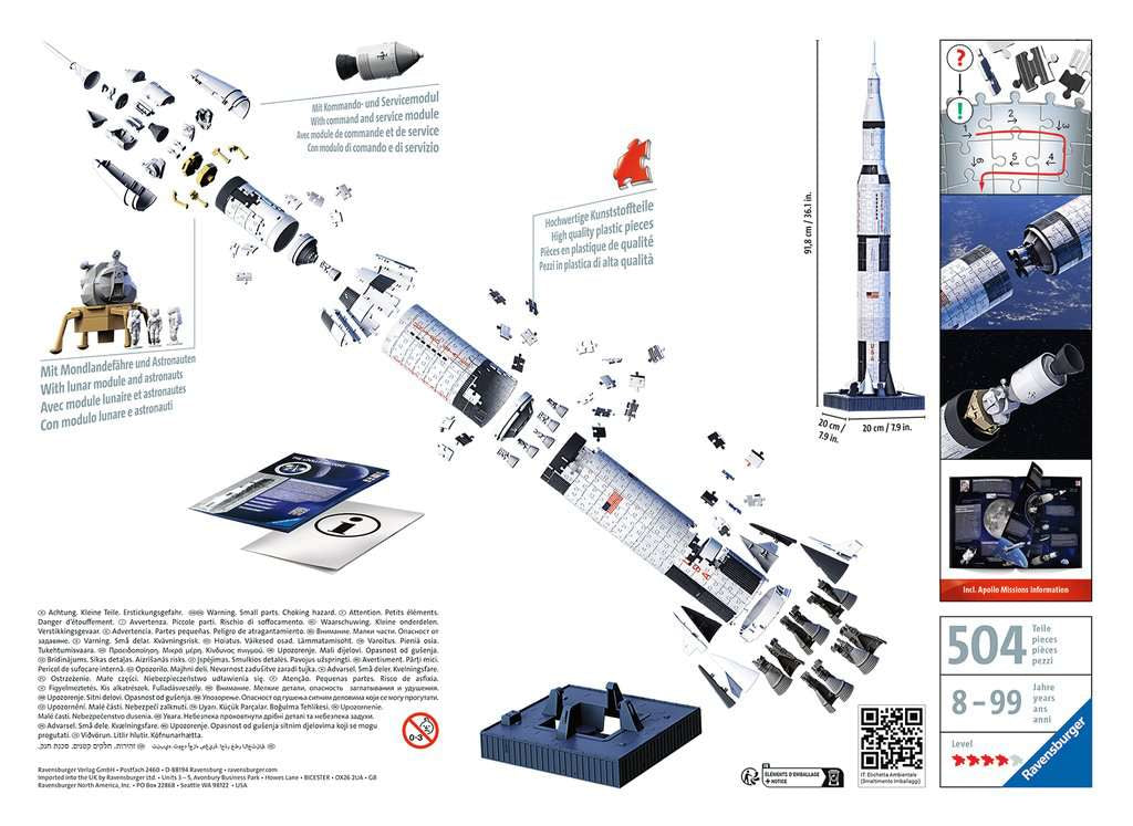 Ravensburger 3D Puzzle Apollo Saturn V Rakete – 440 Teile – 91,5 × 16,4 × 16,4 cm – ab 8 J.