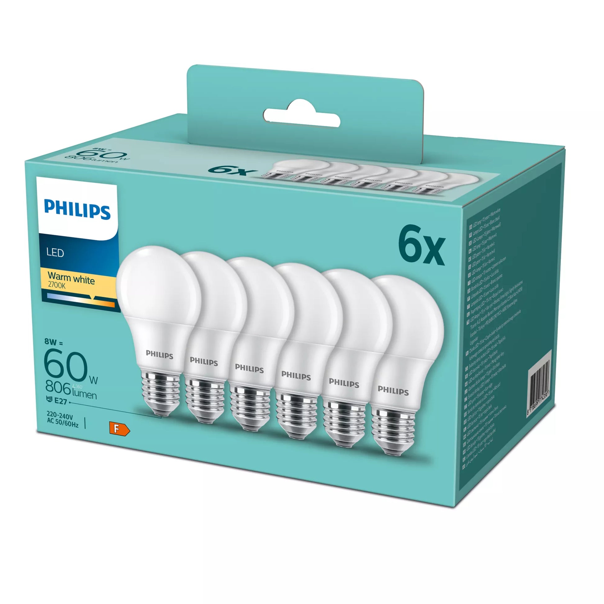 Philips by Signify Philips LED-Leuchtmittel E27 A-Form – Warmweiss 2700 K, 806 lm, 8 W – 6 Stk. – Weiss, Kunststoff