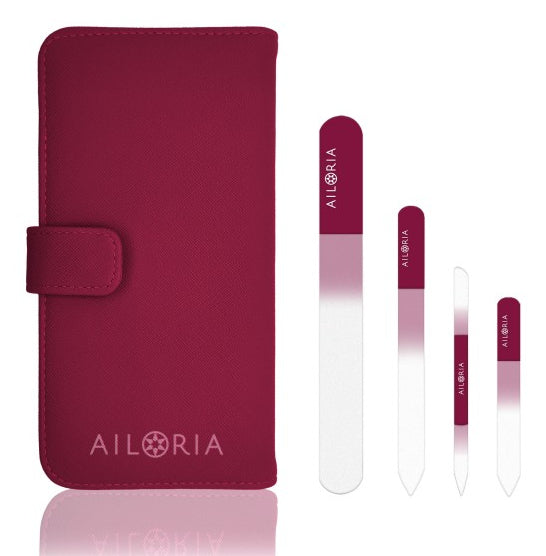 Ailoria Nagelfeilenset CONTOUR PRIME – Glasfeilen, 4 Stk – Kunstlederetui, Magenta
