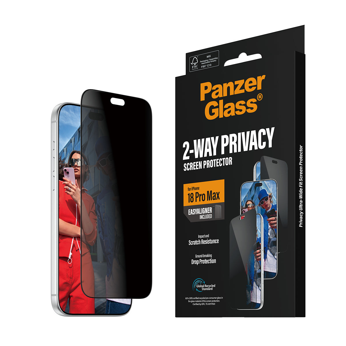 PanzerGlass Privacy-Filter (Folie), Ultra-Wide Fit – für iPhone 18 Pro Max – mit Applikator