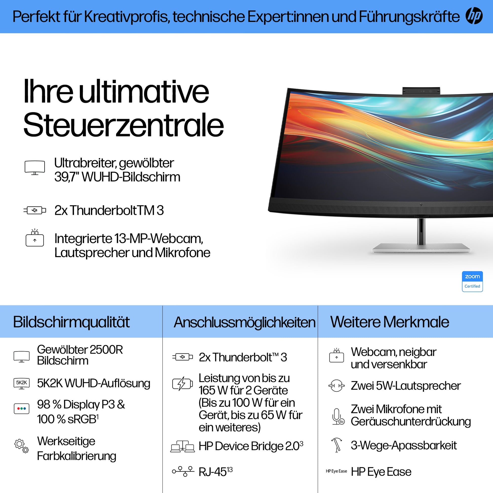 HP 740PM – Monitor, 40", 5120 × 2160 (WUHD), IPS, 350 cd/m², HDMI, DisplayPort, USB