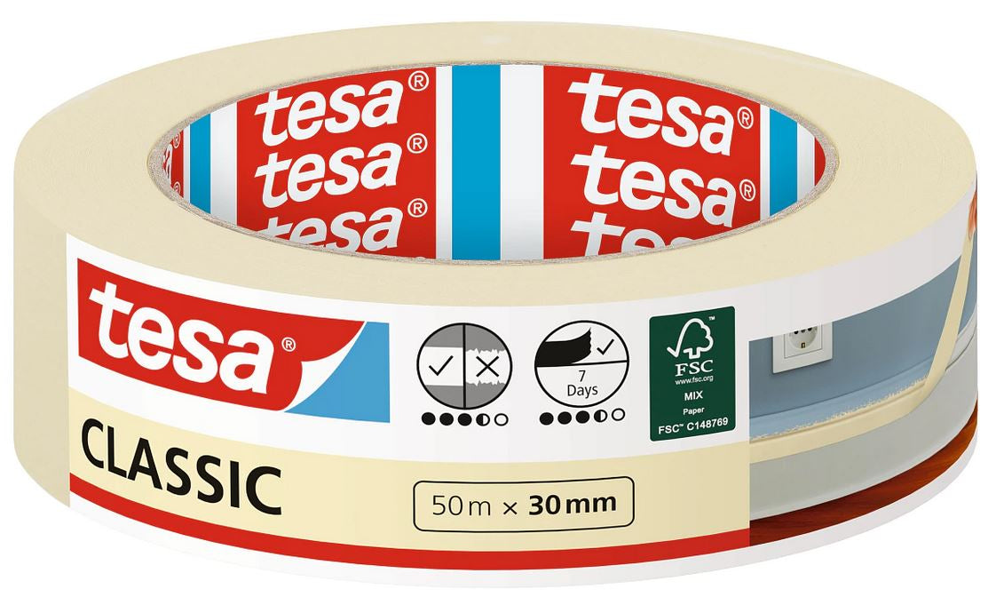 TESA Malerband Classic, beige – 30 mm × 50 m, innen, rückstandsfrei bis 10 Tage