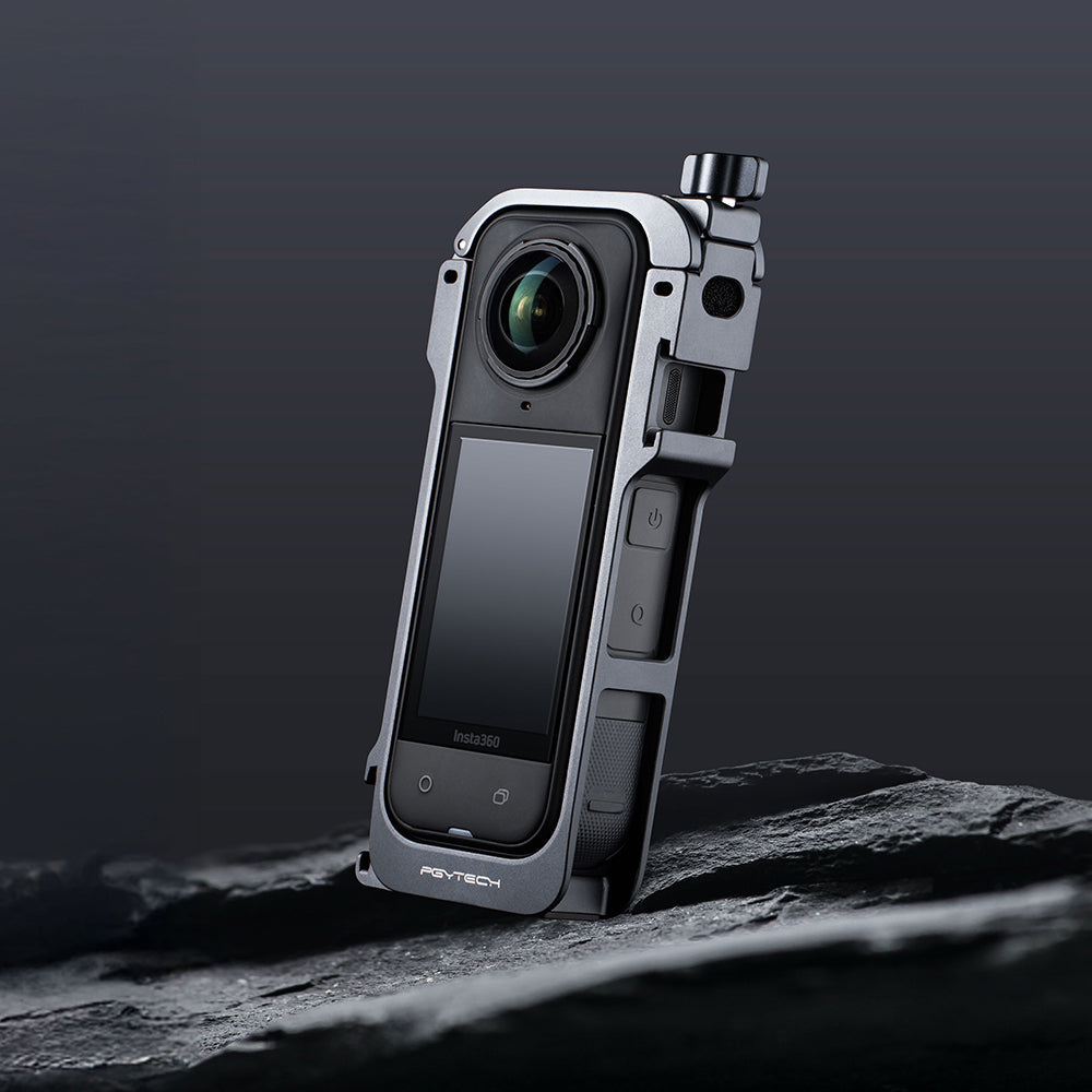 PGYTECH Kamerakäfig – Aluminium/Silikon, 62 × 22 × 145 mm – für Insta360 X5 – Schwarz