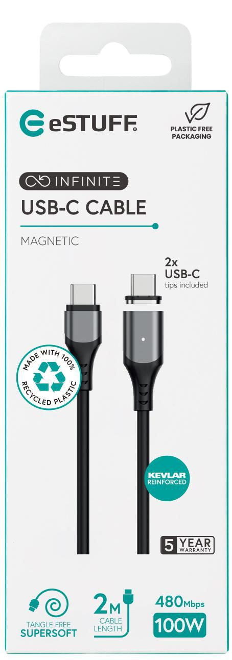 eSTUFF USB-C auf USB-C Kabel – USB 2.0 (480 Mbit/s) – 2,0 m – PD 100 W – magnetisch – Schwarz
