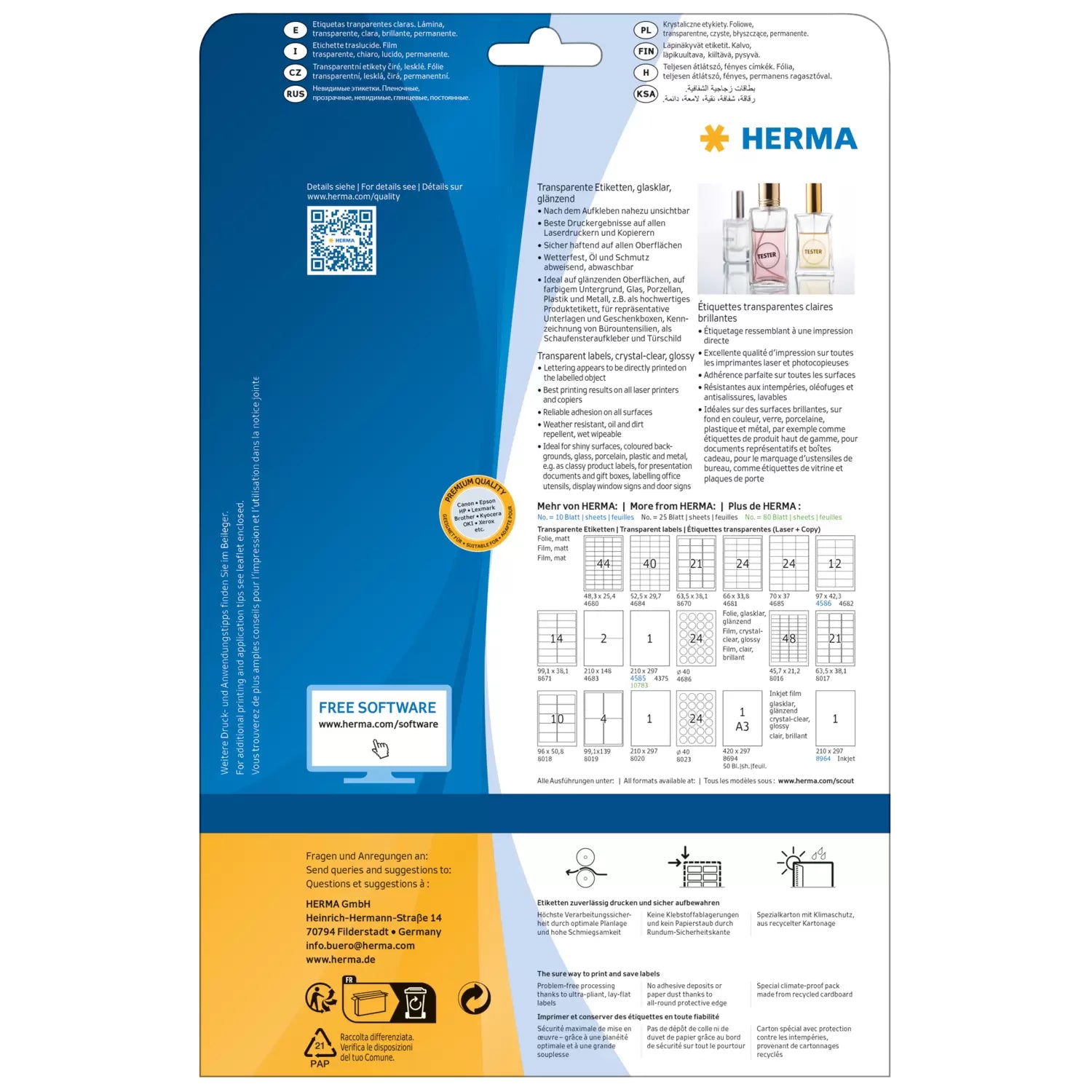 HERMA Druckeretiketten, 99 mm × 139 mm, transparent, Folie, permanent, 25 Blätter (100 Etiketten)