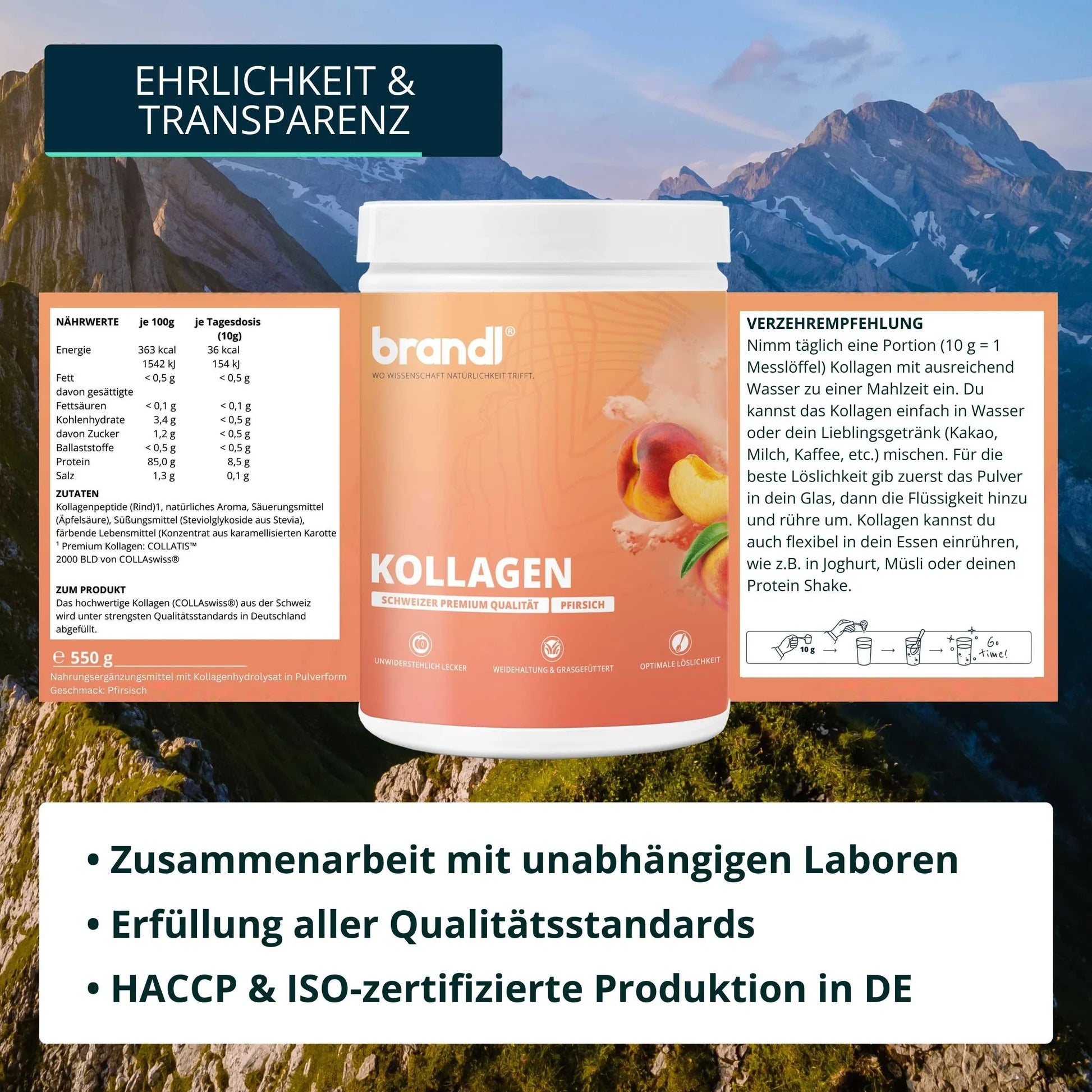Brandl Nutrition Kollagen Pulver Pfirsich – glutenfrei, laktosefrei