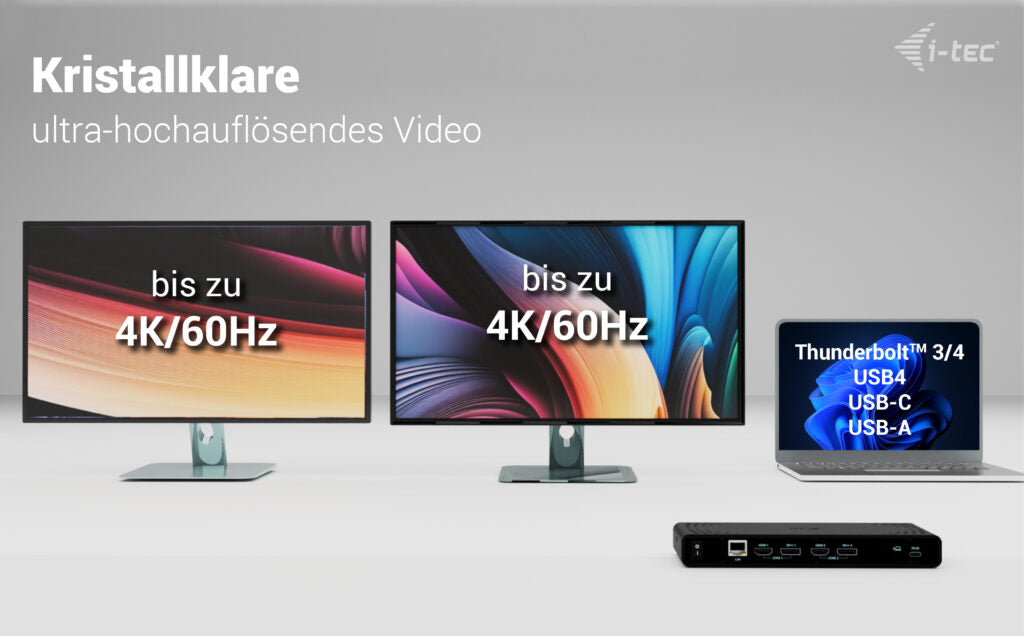 I-TEC Uni Dual 4K Dockingstation – USB-C, 2× DP, 2× HDMI, 4× USB-A, 85 W PD, GbE, für Windows/Mac