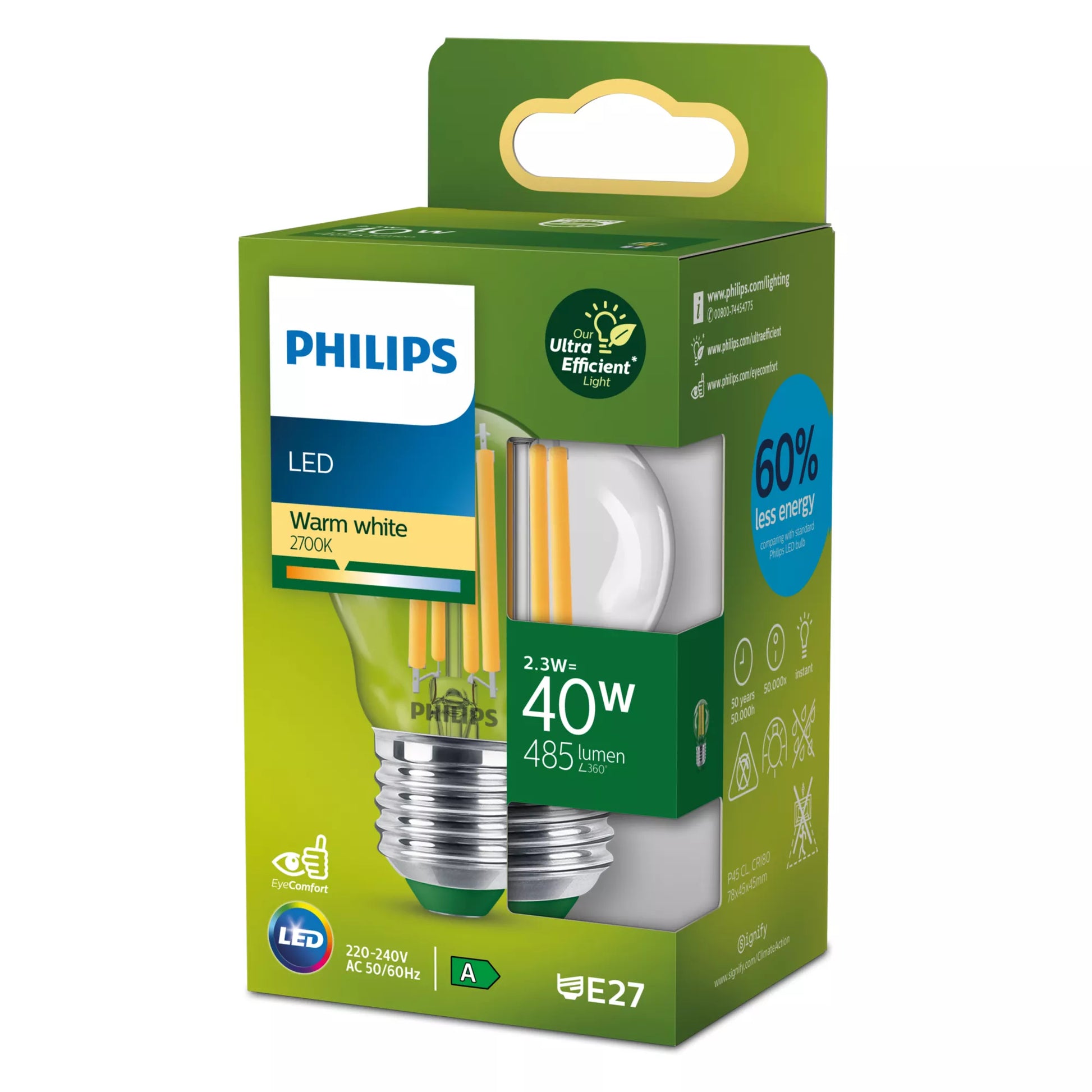 Philips by Signify Philips LED-Leuchtmittel E27 A60 – Warmweiss 2700 K, 485 lm, 2,3 W – 1 Stk., Transparent, Glas