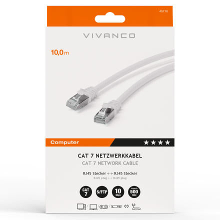 Vivanco 45710 Patchkabel CAT 7 – 10 m, RJ45–RJ45, geschirmt (S/FTP PiMF) – für PC, Laptop, Spielekonsole u. a.