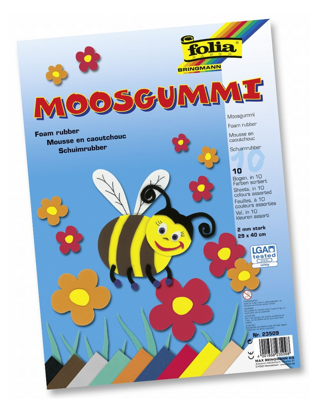 Folia Schaumstoffplatte, Moosgummi, Mehrfarbig, 29 × 40 cm, 2,0 mm, 10 Bogen, Art. 23509