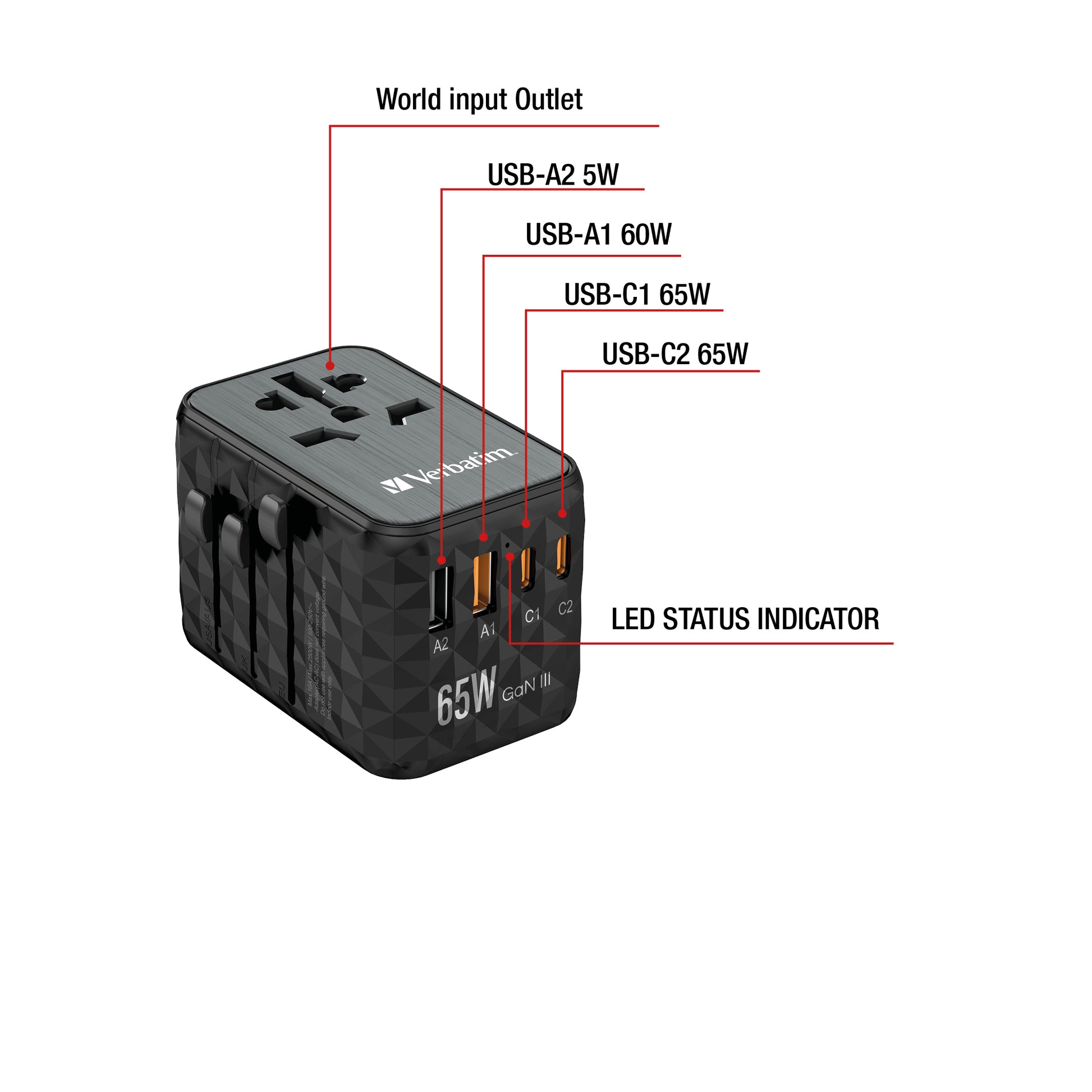 Verbatim Reiseadapter – UTA-05 GaN III Universal, PD 65 W, QC 4+, 2× USB-A, 2× USB-C, Schwarz